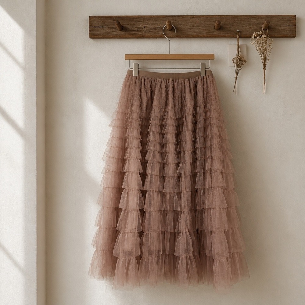 Fully Lined Dusty Rose Tiered Tulle Maxi Skirt Ruffle Mesh Mauve Medium NWOT